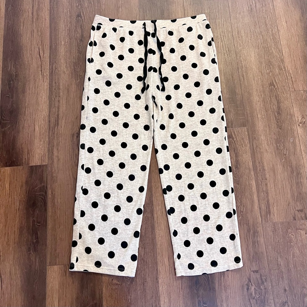 PJ Couture Lux Elastic Waist Drawstring Polka Dot Pajama Pants XL Black Beige